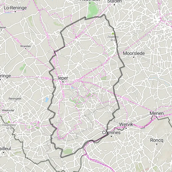 Karten-Miniaturansicht der Radinspiration "Ploegsteert - Warneton - Waasten Rundfahrt" in Prov. Hainaut, Belgium. Erstellt vom Tarmacs.app-Routenplaner für Radtouren