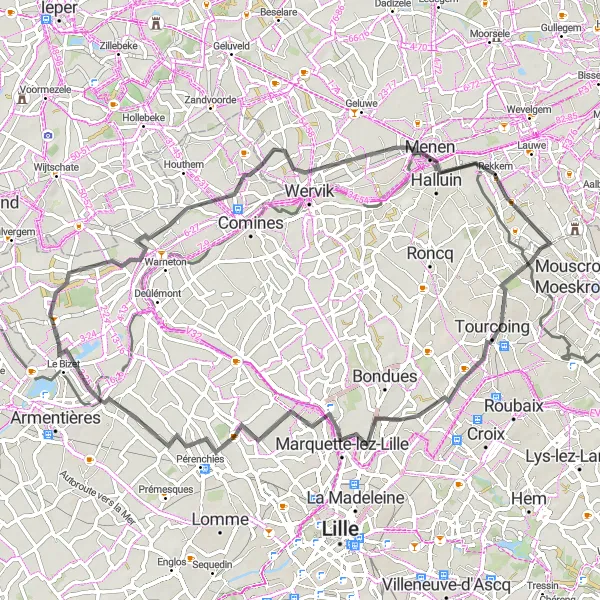 Miniatuurkaart van de fietsinspiratie "Historische roadtrip van Ploegsteert naar Houplines" in Prov. Hainaut, Belgium. Gemaakt door de Tarmacs.app fietsrouteplanner