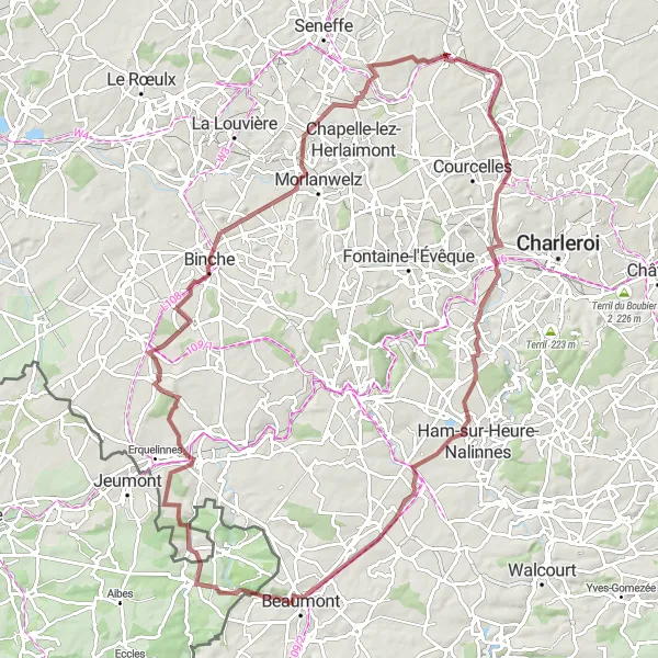 Karten-Miniaturansicht der Radinspiration "Abenteuerlicher Rundweg von Pont-à-Celles nach Vellereille-les-Brayeux" in Prov. Hainaut, Belgium. Erstellt vom Tarmacs.app-Routenplaner für Radtouren