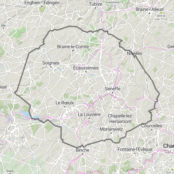 Miniature de la carte de l'inspiration cycliste "Boucle de 102 km autour de Pont-à-Celles" dans la Prov. Hainaut, Belgium. Générée par le planificateur d'itinéraire cycliste Tarmacs.app