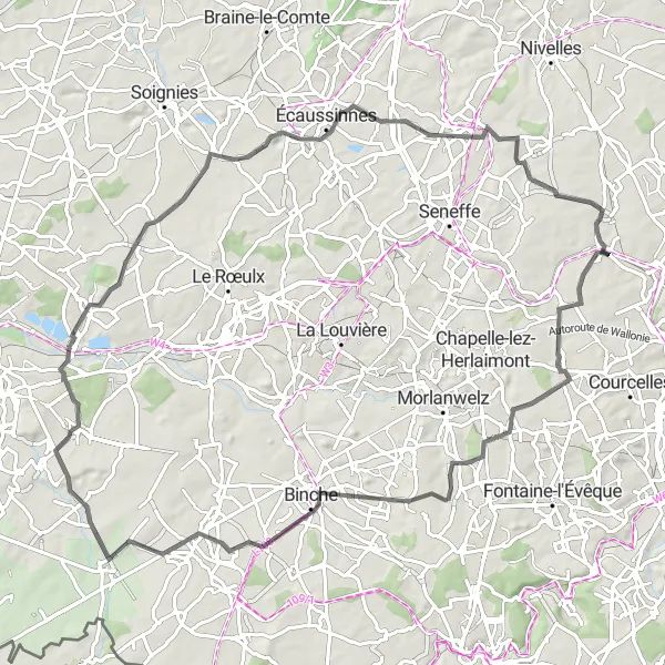 Map miniature of "Road Route - Pont-à-Celles and Trazegnies Circuit" cycling inspiration in Prov. Hainaut, Belgium. Generated by Tarmacs.app cycling route planner