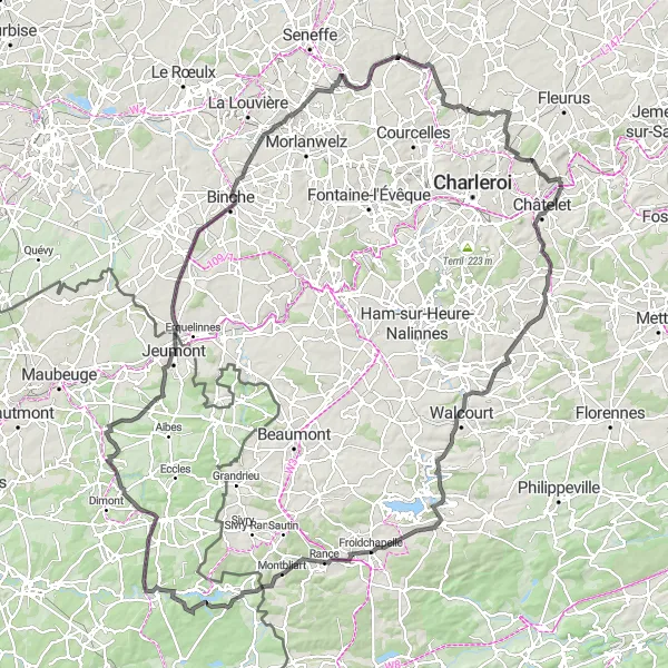 Map miniature of "Historical Highlights" cycling inspiration in Prov. Hainaut, Belgium. Generated by Tarmacs.app cycling route planner