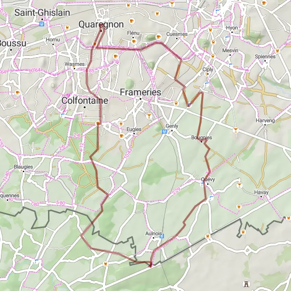 Miniatuurkaart van de fietsinspiratie "Gravelroute via Cuesmes en Quévy" in Prov. Hainaut, Belgium. Gemaakt door de Tarmacs.app fietsrouteplanner