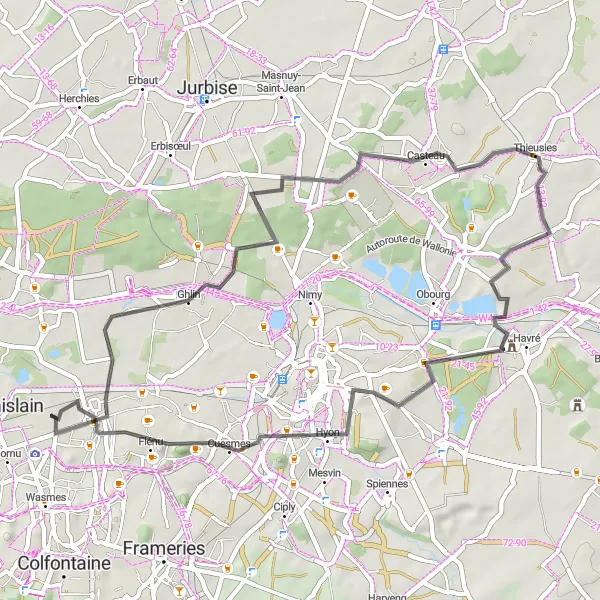 Miniatuurkaart van de fietsinspiratie "Wegroute via Ghlin en Thieusies" in Prov. Hainaut, Belgium. Gemaakt door de Tarmacs.app fietsrouteplanner