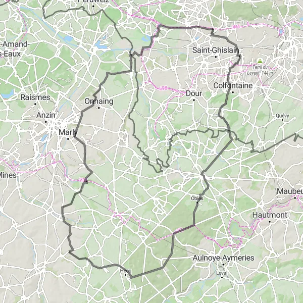Karten-Miniaturansicht der Radinspiration "109 km Rundtour durch Locquignol und Escarmain" in Prov. Hainaut, Belgium. Erstellt vom Tarmacs.app-Routenplaner für Radtouren