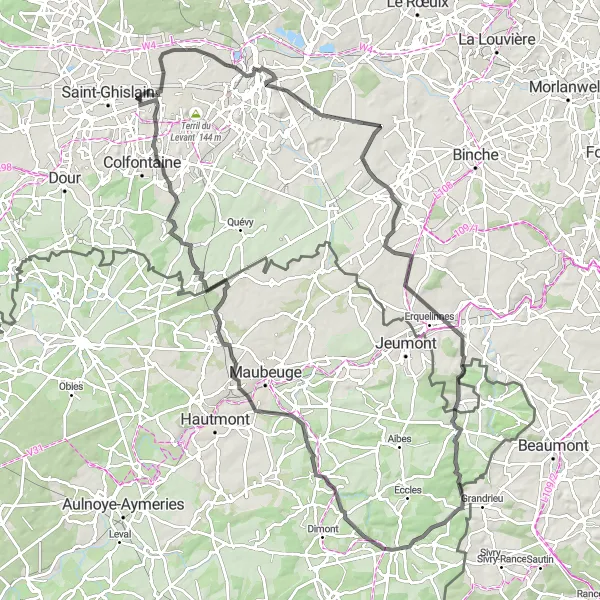 Miniature de la carte de l'inspiration cycliste "Parcours cycliste sur route à proximité de Quaregnon" dans la Prov. Hainaut, Belgium. Générée par le planificateur d'itinéraire cycliste Tarmacs.app