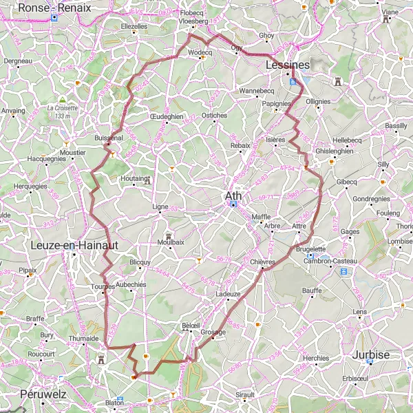 Karten-Miniaturansicht der Radinspiration "Tourpes und Buissenal Gravelradroute" in Prov. Hainaut, Belgium. Erstellt vom Tarmacs.app-Routenplaner für Radtouren