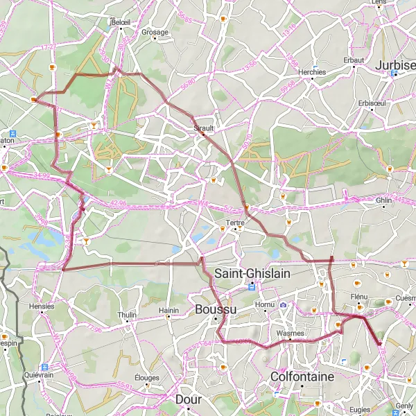 Miniatuurkaart van de fietsinspiratie "Rondrit van Quevaucamps naar Sirault en Boussu" in Prov. Hainaut, Belgium. Gemaakt door de Tarmacs.app fietsrouteplanner
