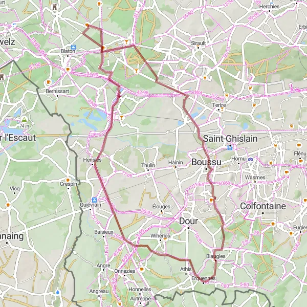 Map miniature of "Quevaucamps - Grandglise - Boussu - L'Avaleresse (Terril) - Erquennes - Audregnies - Hensies - Harchies" cycling inspiration in Prov. Hainaut, Belgium. Generated by Tarmacs.app cycling route planner