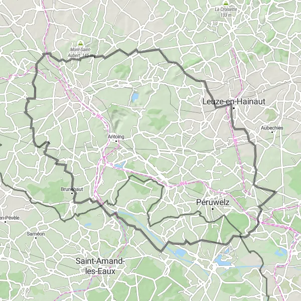 Map miniature of "Quevaucamps - Vieux-Condé - Château-l'Abbaye - Lesdain - Froidmont - Melles - Basècles" cycling inspiration in Prov. Hainaut, Belgium. Generated by Tarmacs.app cycling route planner