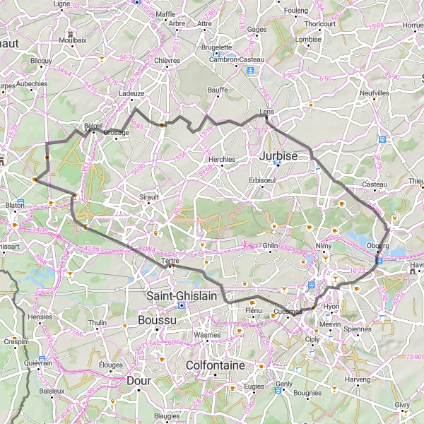 Map miniature of "Quevaucamps - Belœil - Vaudignies - Masnuy-Saint-Jean - Obourg - Beffroi - Jemappes - Stambruges" cycling inspiration in Prov. Hainaut, Belgium. Generated by Tarmacs.app cycling route planner