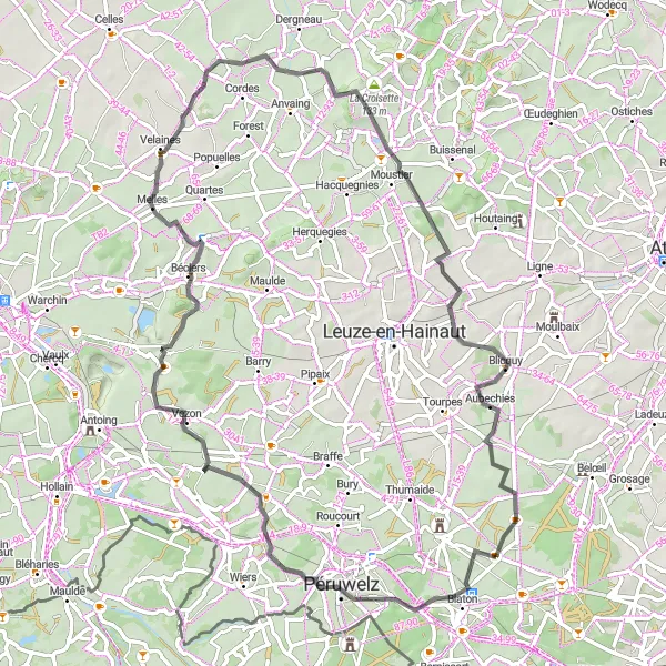 Map miniature of "Quevaucamps - Péruwelz - Gaurain-Ramecroix - Melles - La Croisette - Frasnes-lez-Buissenal - Blicquy" cycling inspiration in Prov. Hainaut, Belgium. Generated by Tarmacs.app cycling route planner