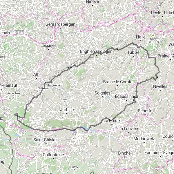 Miniature de la carte de l'inspiration cycliste "Les châteaux et villages de la région" dans la Prov. Hainaut, Belgium. Générée par le planificateur d'itinéraire cycliste Tarmacs.app