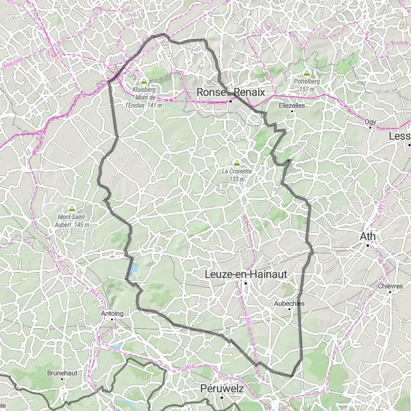 Map miniature of "Quevaucamps - Basècles - Gaurain-Ramecroix - Celles - Zulzeke - Oude Kruisberg - Ligne" cycling inspiration in Prov. Hainaut, Belgium. Generated by Tarmacs.app cycling route planner