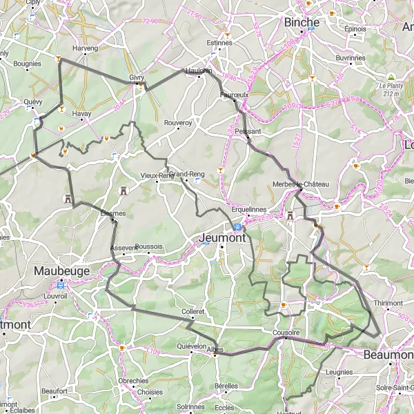 Map miniature of "The Harveng Loop" cycling inspiration in Prov. Hainaut, Belgium. Generated by Tarmacs.app cycling route planner