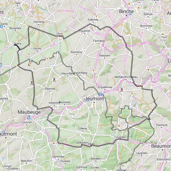 Map miniature of "The Quévy Challenge" cycling inspiration in Prov. Hainaut, Belgium. Generated by Tarmacs.app cycling route planner