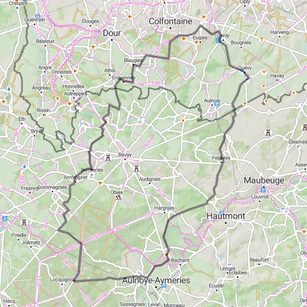 Map miniature of "The Quévy Circuit" cycling inspiration in Prov. Hainaut, Belgium. Generated by Tarmacs.app cycling route planner