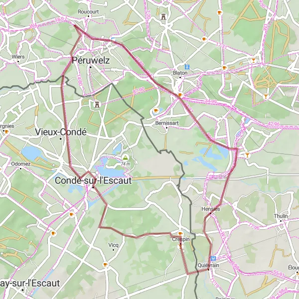 Map miniature of "Quiévrain-Condé-sur-l'Escaut-Blaton-Hensies" cycling inspiration in Prov. Hainaut, Belgium. Generated by Tarmacs.app cycling route planner