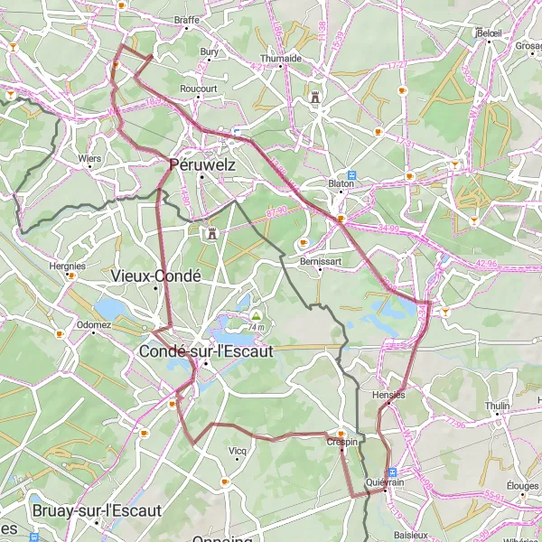 Map miniature of "Condé-sur-l'Escaut and Pommerœul Gravel Route" cycling inspiration in Prov. Hainaut, Belgium. Generated by Tarmacs.app cycling route planner