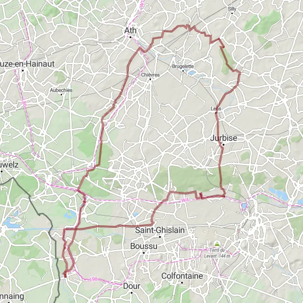 Karten-Miniaturansicht der Radinspiration "Graveltour ab Quiévrain: Ghlin entdecken" in Prov. Hainaut, Belgium. Erstellt vom Tarmacs.app-Routenplaner für Radtouren