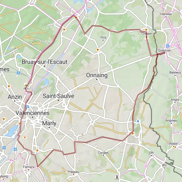 Map miniature of "Quiévrechain and Valenciennes Gravel Route" cycling inspiration in Prov. Hainaut, Belgium. Generated by Tarmacs.app cycling route planner