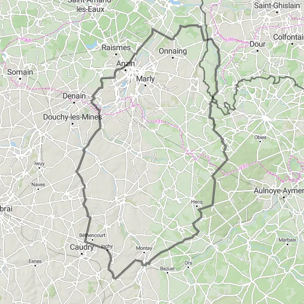 Map miniature of "Preux-au-Sart and Quiévrechain Road Route" cycling inspiration in Prov. Hainaut, Belgium. Generated by Tarmacs.app cycling route planner