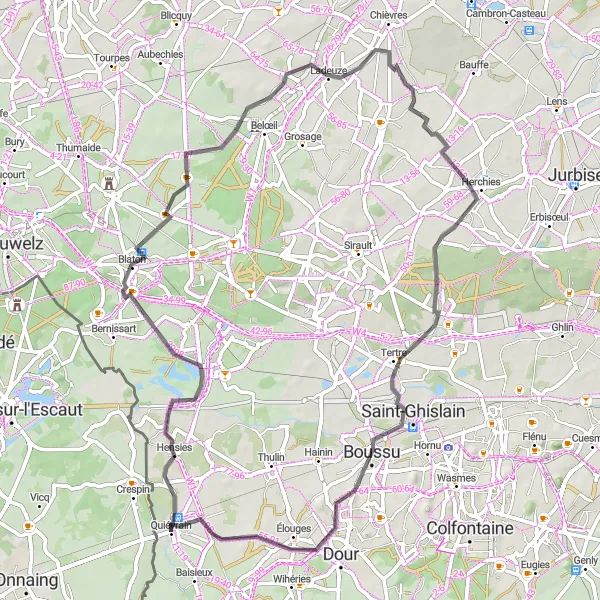 Karten-Miniaturansicht der Radinspiration "Hügellandschaften und Schlösser" in Prov. Hainaut, Belgium. Erstellt vom Tarmacs.app-Routenplaner für Radtouren