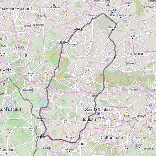 Miniature de la carte de l'inspiration cycliste "Boucle de Quiévrain - Saint-Ghislain" dans la Prov. Hainaut, Belgium. Générée par le planificateur d'itinéraire cycliste Tarmacs.app