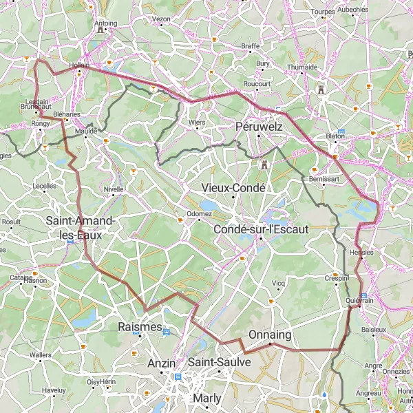 Miniatuurkaart van de fietsinspiratie "Gravelroute van Bruay-sur-l'Escaut naar Hensies" in Prov. Hainaut, Belgium. Gemaakt door de Tarmacs.app fietsrouteplanner