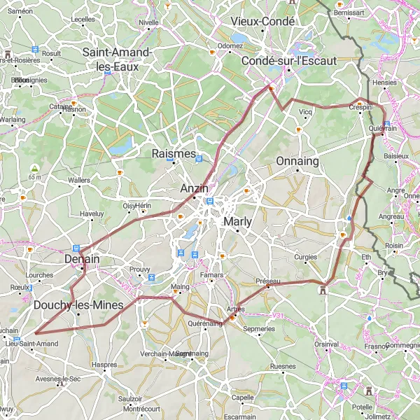 Map miniature of "Gravel Route around Quiévrechain" cycling inspiration in Prov. Hainaut, Belgium. Generated by Tarmacs.app cycling route planner