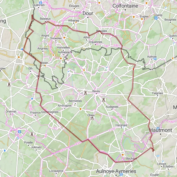 Map miniature of "Quiévrechain to Bachant Gravel Loop" cycling inspiration in Prov. Hainaut, Belgium. Generated by Tarmacs.app cycling route planner