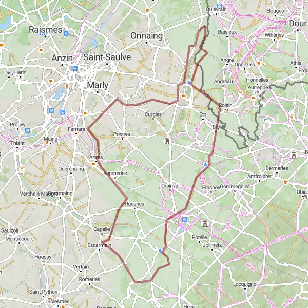 Miniatuurkaart van de fietsinspiratie "Gravelroute van Quiévrechain naar Blanc Misseron" in Prov. Hainaut, Belgium. Gemaakt door de Tarmacs.app fietsrouteplanner