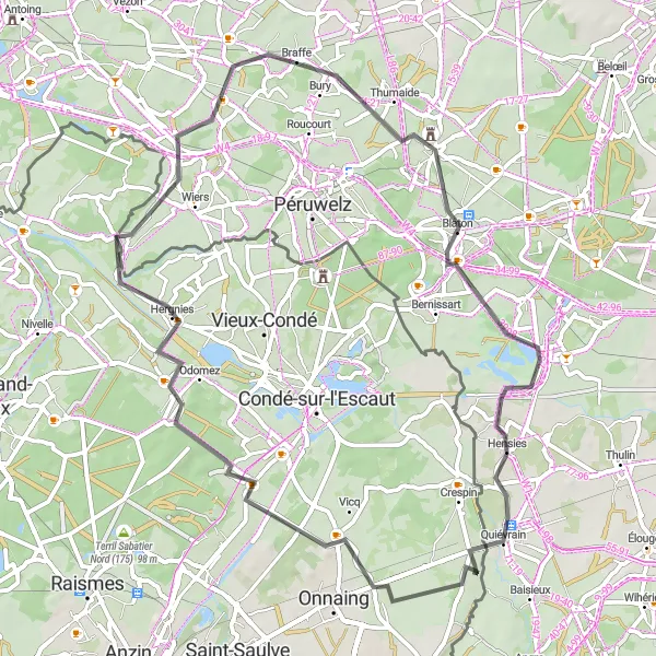 Map miniature of "Quiévrechain to Basècles Road Loop" cycling inspiration in Prov. Hainaut, Belgium. Generated by Tarmacs.app cycling route planner