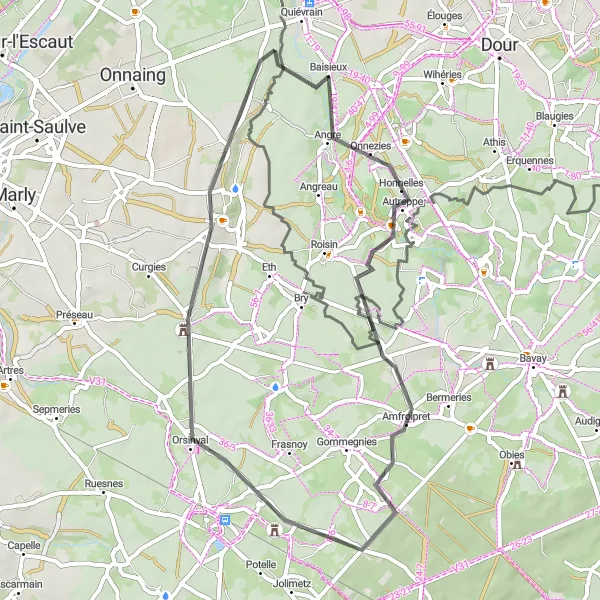 Map miniature of "Road Cycling Route to Rombies-et-Marchipont" cycling inspiration in Prov. Hainaut, Belgium. Generated by Tarmacs.app cycling route planner