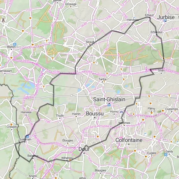 Map miniature of "Exploring Quiévrain by Bike" cycling inspiration in Prov. Hainaut, Belgium. Generated by Tarmacs.app cycling route planner