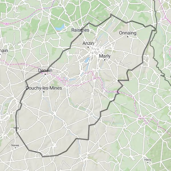 Map miniature of "Quiévrechain to Denain Road Loop" cycling inspiration in Prov. Hainaut, Belgium. Generated by Tarmacs.app cycling route planner