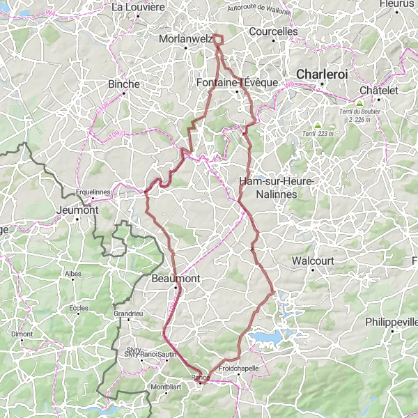 Miniature de la carte de l'inspiration cycliste "Itinéraire Beaumont-Boussu-lez-Walcourt" dans la Prov. Hainaut, Belgium. Générée par le planificateur d'itinéraire cycliste Tarmacs.app