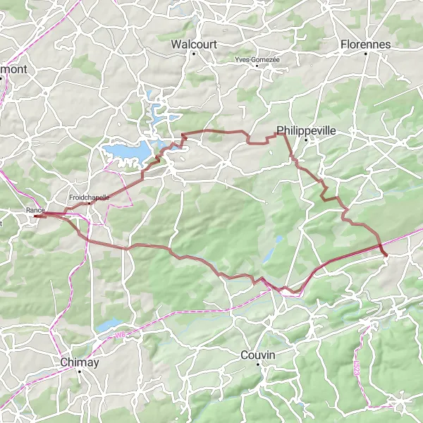 Miniatuurkaart van de fietsinspiratie "Gravelroute rond Froidchapelle" in Prov. Hainaut, Belgium. Gemaakt door de Tarmacs.app fietsrouteplanner