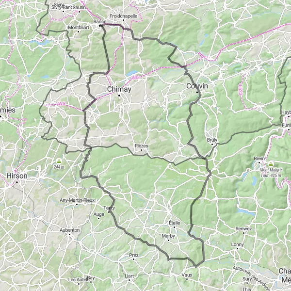 Map miniature of "The Legendary Route of Villers-la-Tour" cycling inspiration in Prov. Hainaut, Belgium. Generated by Tarmacs.app cycling route planner