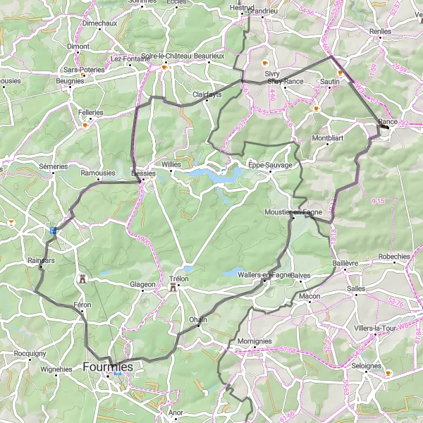 Miniatuurkaart van de fietsinspiratie "Ontdek de omgeving van Rance via Moustier-en-Fagne, Fourmies, Rainsars en Clairfayts" in Prov. Hainaut, Belgium. Gemaakt door de Tarmacs.app fietsrouteplanner