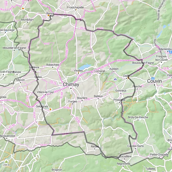 Miniature de la carte de l'inspiration cycliste "Tour Boussu-en-Fagne-Bailièvre" dans la Prov. Hainaut, Belgium. Générée par le planificateur d'itinéraire cycliste Tarmacs.app