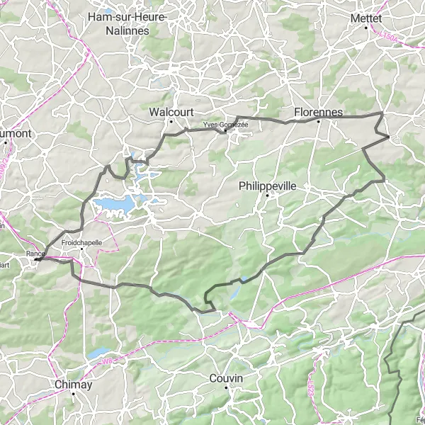 Miniatuurkaart van de fietsinspiratie "Fietsroute rond Rance via Fourbechies, Yves-Gomezée, Corenne, Franchimont en Géronsart" in Prov. Hainaut, Belgium. Gemaakt door de Tarmacs.app fietsrouteplanner