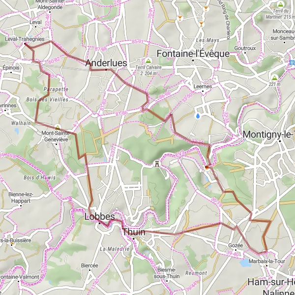 Karten-Miniaturansicht der Radinspiration "Rund um Ressaix auf Schotterwegen" in Prov. Hainaut, Belgium. Erstellt vom Tarmacs.app-Routenplaner für Radtouren