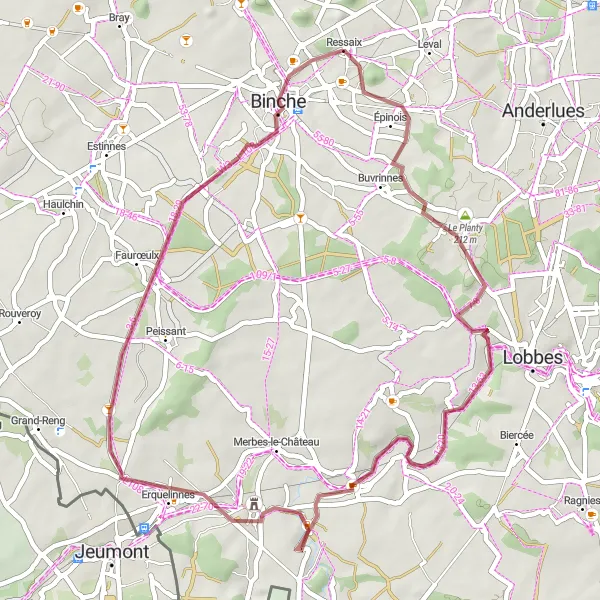 Map miniature of "Gravel Route from Ressaix to Binche" cycling inspiration in Prov. Hainaut, Belgium. Generated by Tarmacs.app cycling route planner