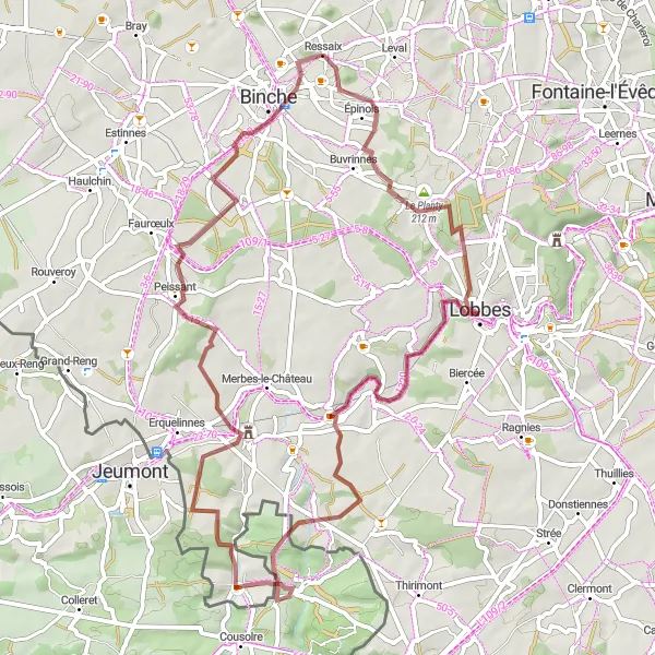 Miniatuurkaart van de fietsinspiratie "Gravelpaden in de natuur van Hainaut" in Prov. Hainaut, Belgium. Gemaakt door de Tarmacs.app fietsrouteplanner