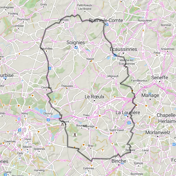 Map miniature of "The Hilly Circuit" cycling inspiration in Prov. Hainaut, Belgium. Generated by Tarmacs.app cycling route planner