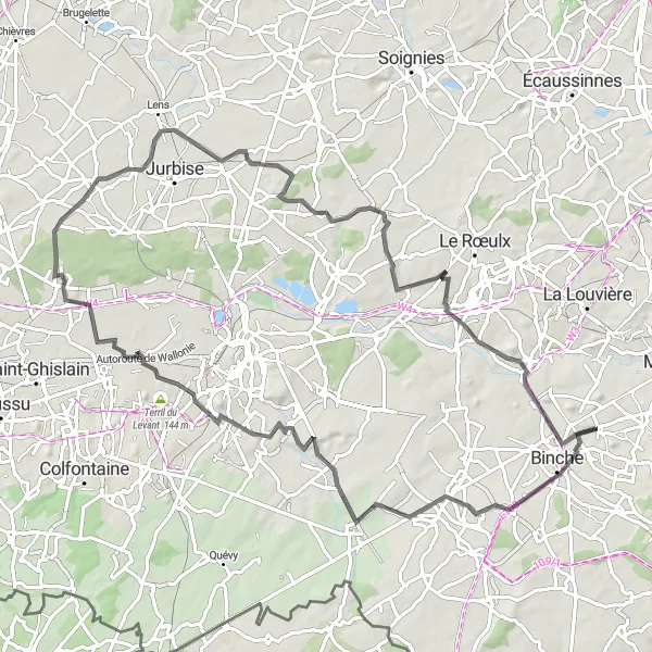 Map miniature of "Road Route from Terril Saint-Albert to Ressaix" cycling inspiration in Prov. Hainaut, Belgium. Generated by Tarmacs.app cycling route planner