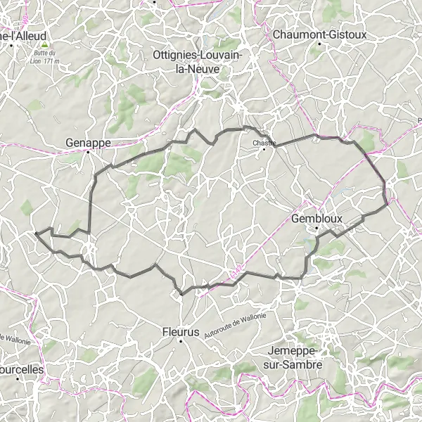 Miniatuurkaart van de fietsinspiratie "Schilderachtige wegfietsroute van Baisy-Thy naar Frasnes-lez-Gosselies" in Prov. Hainaut, Belgium. Gemaakt door de Tarmacs.app fietsrouteplanner