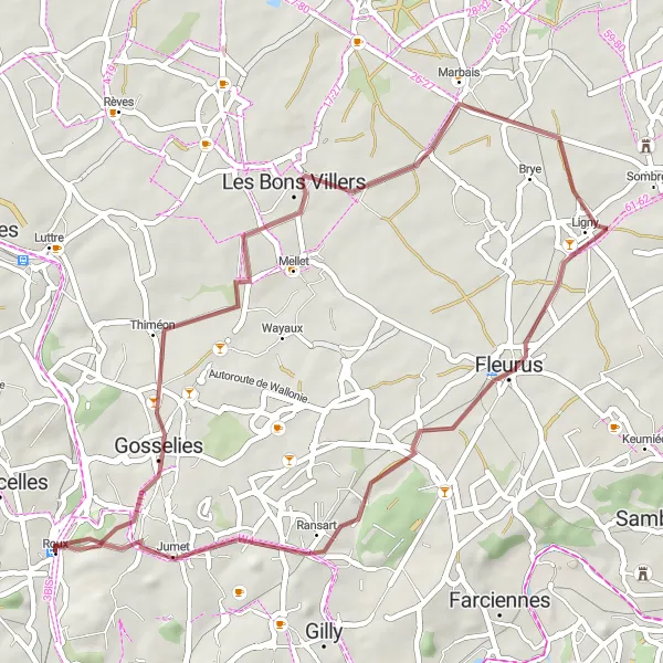 Miniatuurkaart van de fietsinspiratie "Gravelroute Roux en omgeving" in Prov. Hainaut, Belgium. Gemaakt door de Tarmacs.app fietsrouteplanner