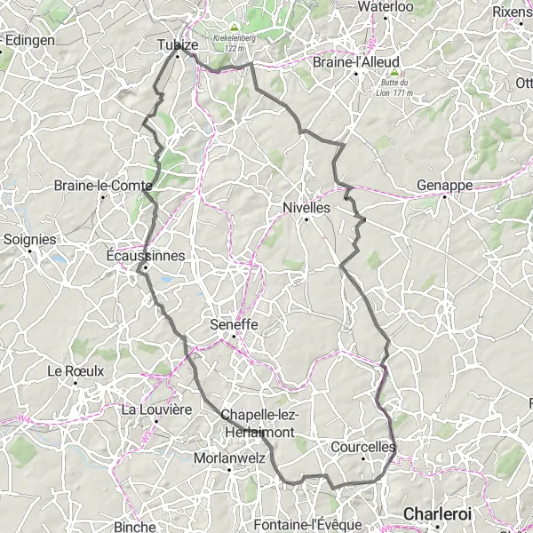 Map miniature of "Roux to Luttre Loop" cycling inspiration in Prov. Hainaut, Belgium. Generated by Tarmacs.app cycling route planner